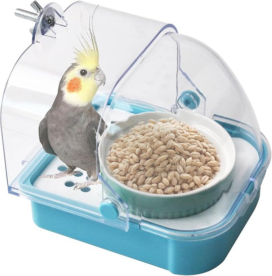 2 in 1 No Mess Bird Feeder,Bird Cage Feeder with Ceramic Bowl and Parrot Bathtub with Bottom Drawer Hanging Tube Shower Box for Birds Budgies Parakeet Small Parrot Cockatiels(Blue)