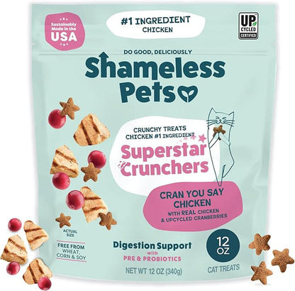 Shameless Pets Crunchy Cat Treats - Kitty Treats for Cats with Digestive Support, Natural Kitten Treats with Real Chicken, Healthy Flavored Feline Snacks - Cran You Say Chicken, 12 oz