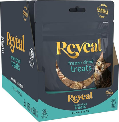 Reveal Natural Freeze-Dried Cat Treats, Single Ingredient, Grain Free, High Protein, Perfect for Training, Treating or Snacking, Tuna Fillet Bites (8 x 0.88 oz Bags)