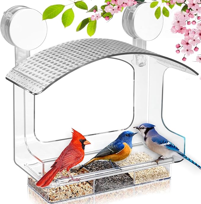 Window Bird Feeder with Strong Adhesive Suction Cups, Clear Bird Feeders for Window Viewing, Acrylic Window Bird Houses for Viewing Inside, Suction Bird Window Feeder for Cats