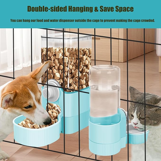 Hanging Cage Automatic Food Water Dispenser, Auto Gravity 1.2L Self-Feeding Feeder and 0.52L Waterer Set, Crate Auto Feeder Dish for Puppy Cats Ferret Bunny Guinea Pig Small Pets (Blue)