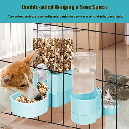 Hanging Cage Automatic Food Water Dispenser, Auto Gravity 1.2L Self-Feeding Feeder and 0.52L Waterer Set, Crate Auto Feeder Dish for Puppy Cats Ferret Bunny Guinea Pig Small Pets (Blue)