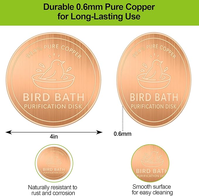 Copper Bird Bath Purification Disk,0.6mm Reinforced 99.9% Pure Copper Cleaning Disk Keeps Water Fresh for Bird Baths, Fountains, Ponds (2 Pack)
