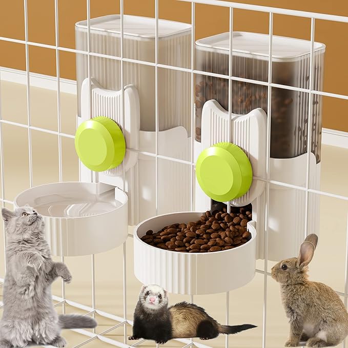 Rabbit Feeder for Cage,Hanging Automatic Cat Feeder and Water Dispenser,Ferret Cage Accessories,Food Water Bowl for Cats Rabbit Guinea Pig Cages(Cage Grid Spacing Over 1.2'')