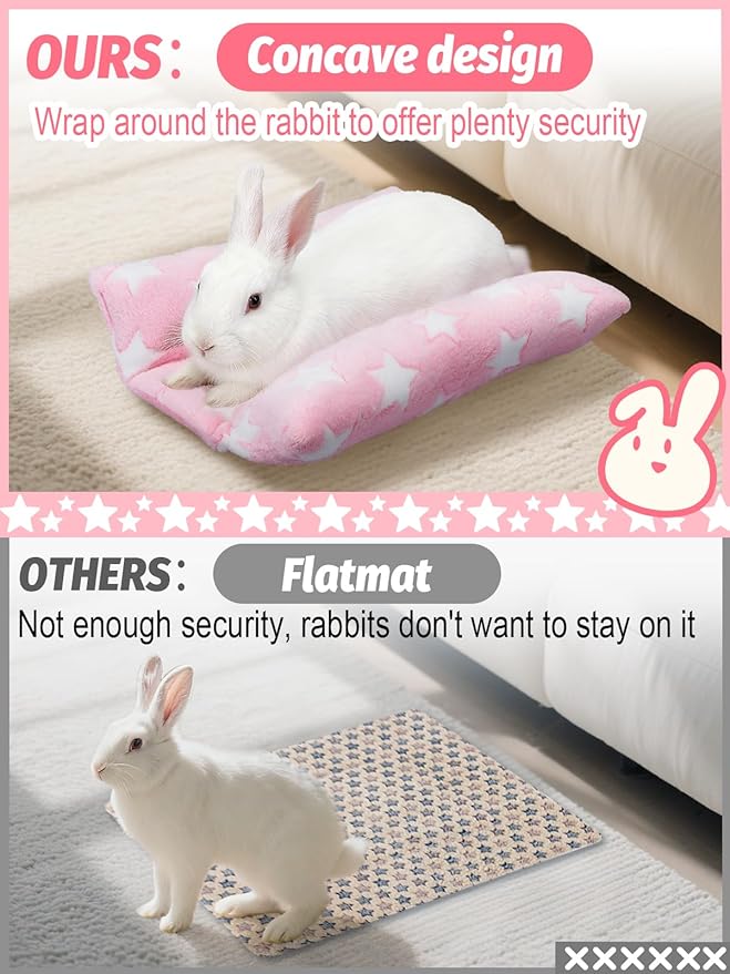 MEWTOGO 15.7x14in Rabbit Bed - Thickened Soft Bunny Concave Bed, Cuddle Cushion Plush Mat with Cotton Lounger Pillows for Cage Sleeping Indoor Bunny Gifts, Pink-Star