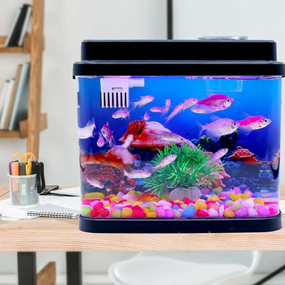 Mini Fish Tank Small Aquarium 1 Gallon Fish Bowl 6 Color Auto-Looping Light 3 in 1 Quiet Pump with Filteration & Oxygenation & Circulation,Submarine Background,Thickened Base