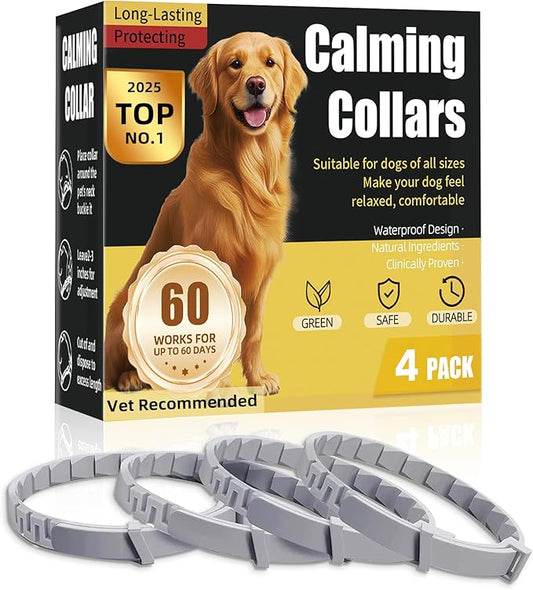 Calming Collar for Dogs 4-Packs,Dog Calming Collar,Pheromone Collar for Dogs,Relief Anxiety Stress Separation,Lasts 60 Days,25 Inches Size Flexible Adjustable,for All Small Medium and Large Dog Grey