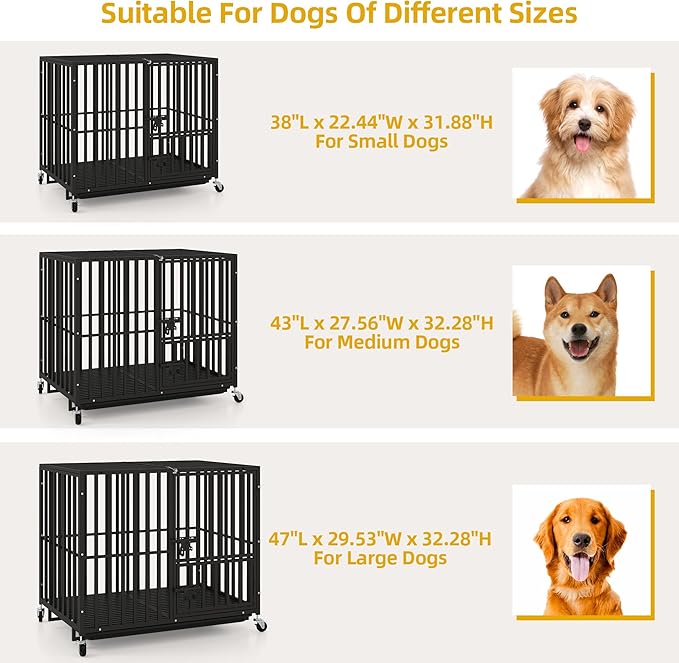 DWVO Heavy Duty Dog Crate, 38 Inch Escape-Proof Dog Cage Indoor Kennel for Medium Small Dogs with Lockable Wheels, 3-Door Design, High Anxiety Dogs Crate with Removable Trays