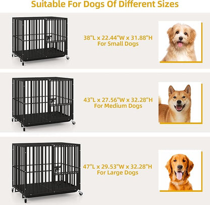 DWVO Heavy Duty Dog Crate, 38 Inch Escape-Proof Dog Cage Indoor Kennel for Medium Small Dogs with Lockable Wheels, 3-Door Design, High Anxiety Dogs Crate with Removable Trays