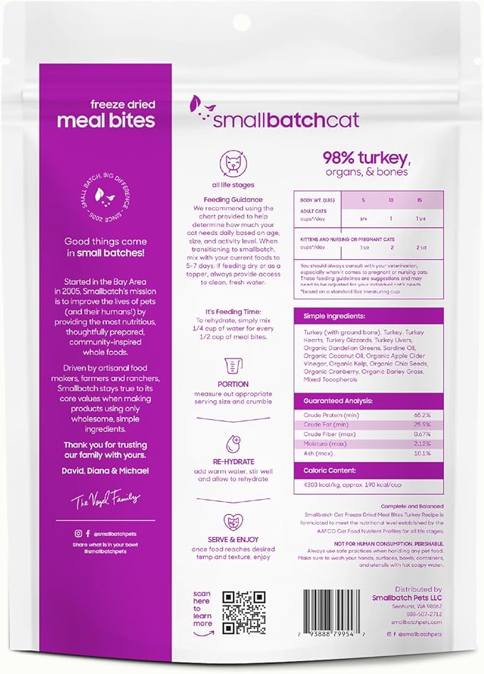 smallbatch Freeze-Dried Raw Cat Food, Shelf Stable Food Bites, Turkey Recipe, High Protein Meal or Topper for Cats, Humanely Raised Meat, Organic, Non-GMO Produce, Made in The USA, 10oz Bag