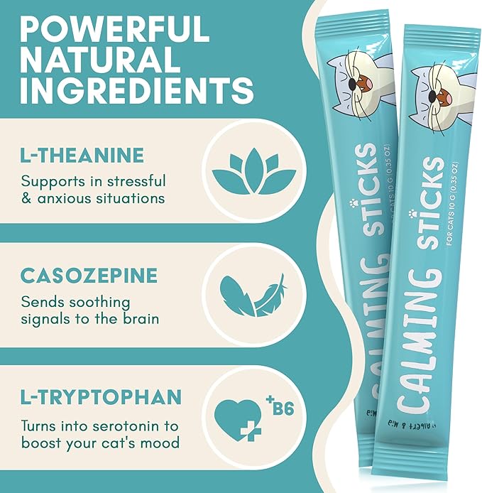 ALBERT & MIA Calming Sticks Lickable Cat Calming Treats - Stress & Cats Anxiety Relief - Irresistible - Vet Cat Calm Supplement Care (Kitten Sleep Aid, Grooming, Car Rides, Travel) 20 Pack