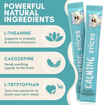 ALBERT & MIA Calming Sticks Lickable Cat Calming Treats - Stress & Cats Anxiety Relief - Irresistible - Vet Cat Calm Supplement Care (Kitten Sleep Aid, Grooming, Car Rides, Travel) 20 Pack