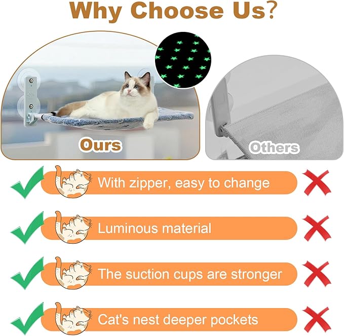 Foldable Cat Window Perch Glow in The Dark Cat Hammock Cordless Cat Bed with 4 Strong Suction Cups Warm Soft Zipper Cushions Cat Seats Indoor for Large Cats (Stars, Large)