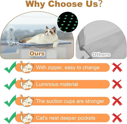 Foldable Cat Window Perch Glow in The Dark Cat Hammock Cordless Cat Bed with 4 Strong Suction Cups Warm Soft Zipper Cushions Cat Seats Indoor for Large Cats (Stars, Large)