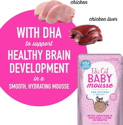 Tiki Cat Baby, Chicken and Chicken Liver, Grain-Free and Nutrient Rich, Wet Cat Food for Kittens 4 Weeks+, 2.4 oz. Pouch (Pack of 12)