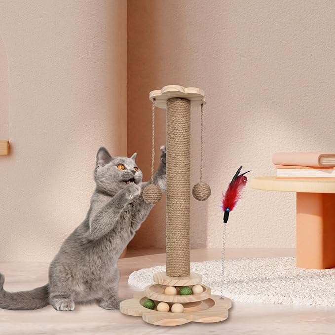 Cat Scratching Post - 4 in 1 Scratching Post, Wooden Cat Scratch Post with 2 Level Sisal Balls & 2 Sisal Hanging Balls for Indoor Kittens, Gifts