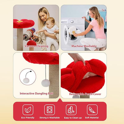 PETEPELA Cat Scratching Post, Mushroom Cat Scratcher Cute Cat Tree Tower with Thick Scratching Post & Removable Flower Cats Bed [Dia=15.7''], Tall Post for Kittens and Indoor Small, Brown