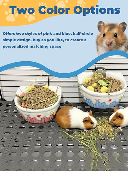 Chinchilla Food Bowl Ceramic Guinea Pig Cage Feeder Hanging Bunny Food Dish Small Animal Feeding Bowls for Syrian Hamster Ferret Gerbils (Blue)