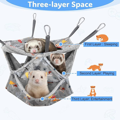 Glittme 3-Layer Ferret Hammock Soft Guinea Pig Hammock Washable Rat Hammock Hamster Cage Accessories Cozy Ferret Bed Toys for Small Animals Pet Sugar Glider