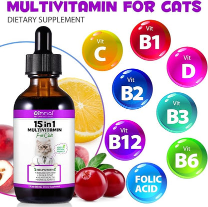 Liquid Multivitamin for Cat, 15 in 1 Cats Multivitamin Liquid Drops Supplements for Skin & Coat, Heart Health, Bones and Joint, Cat Vitamins with Glucosamine and MSM, Immune System Support -60ml