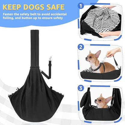 Lukovee Pet Sling, Hand Free Dog Sling Carrier Adjustable Padded Strap Tote Bag, Shoulder Bag with Safety Belt & Front Pocket for Small Dog Cat Puppy (Black-WY,M)