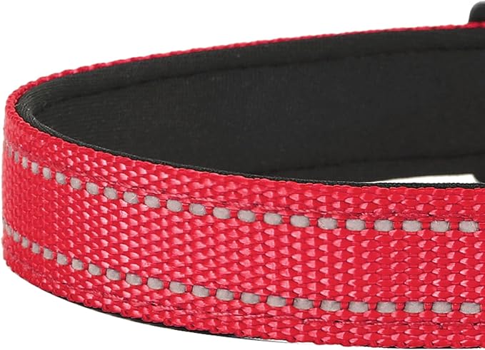 Reflective Dog Collar, Adjustable Soft Neoprene Padded Nylon Pet Collars with Buckle for Small Dogs, Red,S