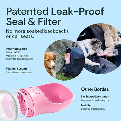 MalsiPree Dog Water Bowl Dispenser - 12 Oz, Pink - Portable Dog Water Bottle & Travel Pet Bowl - Leak Proof
