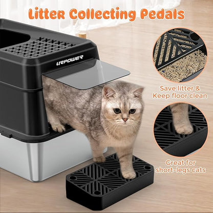 URPOWER Stainless Steel Cat Litter Box with Lid Extra Large Enclosed Litter Box for Cats Non-Sticky Metal Pan with High Sided Enclosure & Scoop, Front & Top Entry, Anti-Leakage, Easy Cleaning