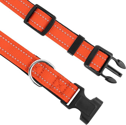 Reflective Dog Collar, Adjustable Soft Neoprene Padded Nylon Pet Collars with Buckle for Small Dogs, Orange,S