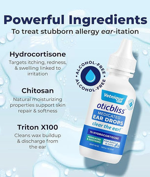 Vetnique Oticbliss Medicated Cat & Dog Ear Cleaner Drops - Dog Ear Infection Treatment with 1% Hydrocortisone to Soothe Itching, Redness, & Swelling - Vet Recommended