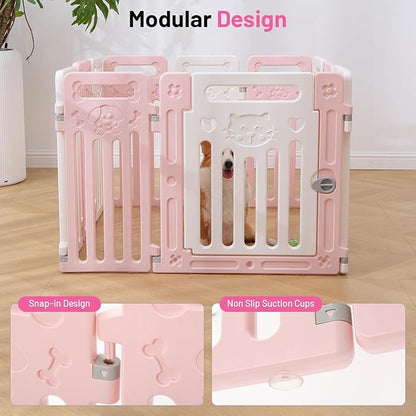 Dog Playpen Clear Fence Pet Puppy Cat Small Play Pen Indoor Foldable Kennel Whelping Box for Dogs with Gate (Pink + White, 10 Panels+1 Door)