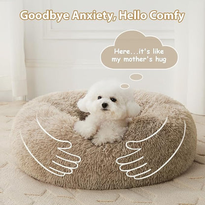 WNPETHOME Calming Dog Bed & Cat Bed,Small Dog Bed Donut Design Faux Fur Anti-Anxiety Dogs Beds,Fluffy Pet Cushion Pet Beds for Small Dogs and Cats (20 x 20 Inch, Brown)