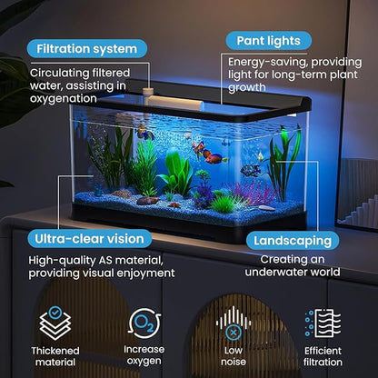 LED Aquarium Fish Tank Kit,（Light + Filter + Green Plants + Blue Sand + Pineapple Houses + Shells） Black, 14 Gallon