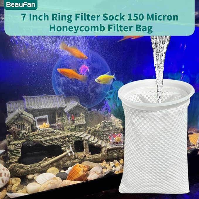 7 Inch 2 Pack 150 Micron Honeycomb Filter Socks for Fish Tank, Aquarium Filter Sock 3D Honeycomb Design Filter Sock, Aquarium Filter Bags for Saltwater