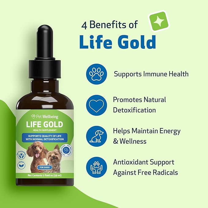 Pet Wellbeing Life Gold for Dogs - Vet-Formulated - Immune Support and Antioxidant Protection - Natural Herbal Supplement 2 oz (59 ml)