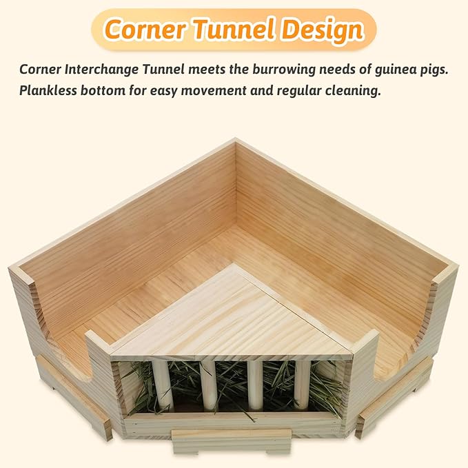 Fhiny Guinea Pig Wooden Castle with Hay Holder, Ventilated Chinchilla Hideout with Feeding Bowl Ladder, Small Animal Multi Chamber Hideaway for Young Guinea Pigs Chinchillas Hedgehogs