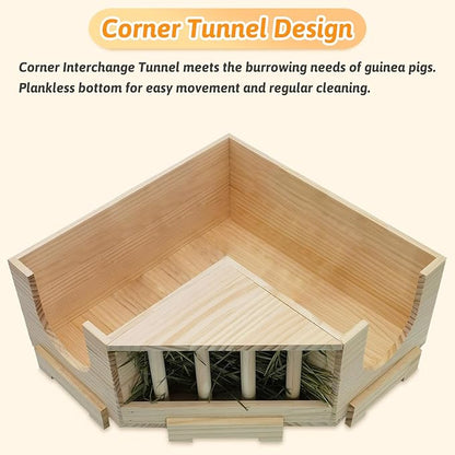Fhiny Guinea Pig Wooden Castle with Hay Holder, Ventilated Chinchilla Hideout with Feeding Bowl Ladder, Small Animal Multi Chamber Hideaway for Young Guinea Pigs Chinchillas Hedgehogs