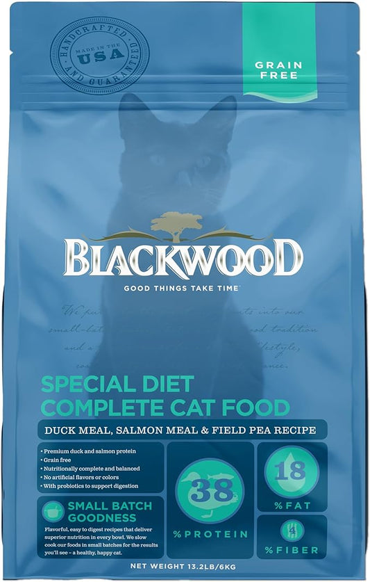 Blackwood Dry Cat Food, Special Diet Formula for Sensitivities, Duck Meal, Salmon Meal & Field Pea Recipe, 13.2 Pound Bag, High Protein, Slow Cooked, Grain Free