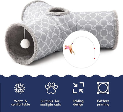 Tempcore Pet Cat Tunnel Tube Cat Toys 3 Way Collapsible, Cat Tunnels for Indoor Cats Fleece-Lined in for Warmth，Kitty Tunnel Bored Pet Toys Peek Hole Toy Ball Cat, Puppy, Kitten, Geometry Grey