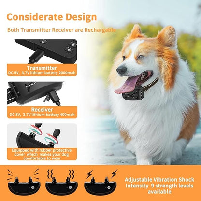 Wireless Dog Fence Dog Training Collar 2 in 1, Electric Pets Boundary Containment System, Adjustable Range Control, Waterproof Receiver, Vibration & Shock, Suitable for All Stubborn Dogs,for2dogs