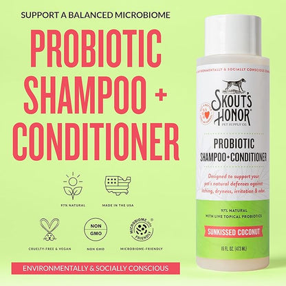 Skout's Honor Probiotic Dog Shampoo & Conditioner with Avocado Oil & Omega-3s, 97% Natural, Paraben & Sulfate-Free, Cruelty-Free, 16oz, Sunkissed Coconut