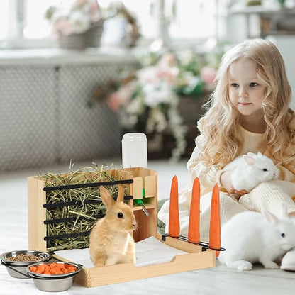 Wooden Rabbit Hay Feeder,Guinea Pig Hay Feeder,Bunny Hay Holder Hanging with 500ml Water Bottle, Small Animals Hay Manger for Chinchillas, Hamster, Dwarf Rabbit,Ferrets (Wood)