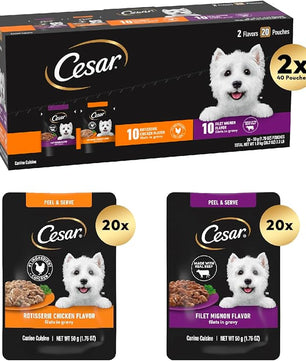 Cesar Filets in Gravy Wet Dog Food Filet Mignon Flavor and Rotisserie Chicken Flavor Variety Pack, 1.76 oz. Mini-Pouches (20 Count, Pack of 2)