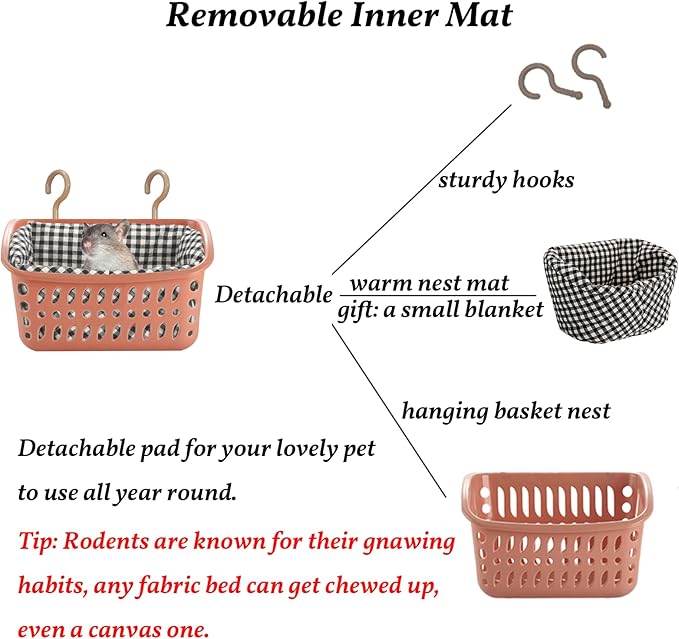 JWShang Rat Hammock for Cage - Chew Proof Warm Bed, Hanging Accessory for Small Animals, Mouse, Guinea Pig, Chinchilla, Sugar Glider (Small, Pink)