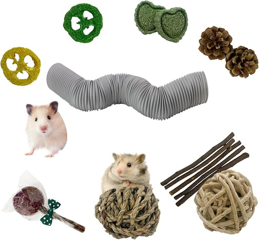 Hamster Fun Tunnels,Guinea Pigs Tunnel with,2Pcs Small Animal Folding Tube Guinea Pigs Training Hideout Tunnel 15 Pcs Pet Chew Toys for Chinchillas Rats Gerbils （Grey ）