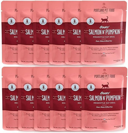 Human-Grade Mixed Variety Pack Wet Cat Food Pouch Boots' Salmon N' Pumpkin - Moist, Soft Cat Food Mixer, Topper, and Rotational Meal by Portland Pet Food Company -12 Pack