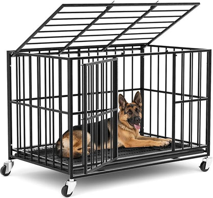 48 in Heavy Duty Dog Crate Steel Escape Proof, Indoor Double Doors and Lockable Wheels,Removable Tray, for Extra Dog Breeds,XL,XXL