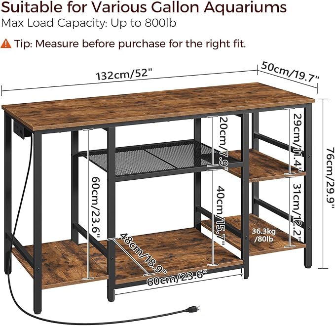 55-75 Gallon Fish Tank Stand with Power Outlet, 3-Tier Metal Frame Aquarium Stand, Heavy Duty Reptile Terrarium Tank Stand, 52.0"L x 19.7"W x 29.9"H, 800 LBS Capacity, Rustic Brown FTHR55E01