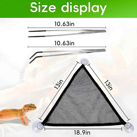 Reptile Feeding Tongs & Hammock Set, Stainless Steel Feeding Tongs Rubber Tip for Reptiles, Breathable Mesh Hammock for Bearded Dragon