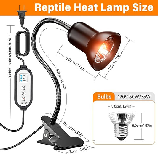 Reptile Heat Lamp, Heat Lamp with Clamp, UVA UVB Reptile Light with Intelligent Cycle Timer for Turtle, Bearded Dragon, Lizard and More, 2 Bulbs 50W+75W